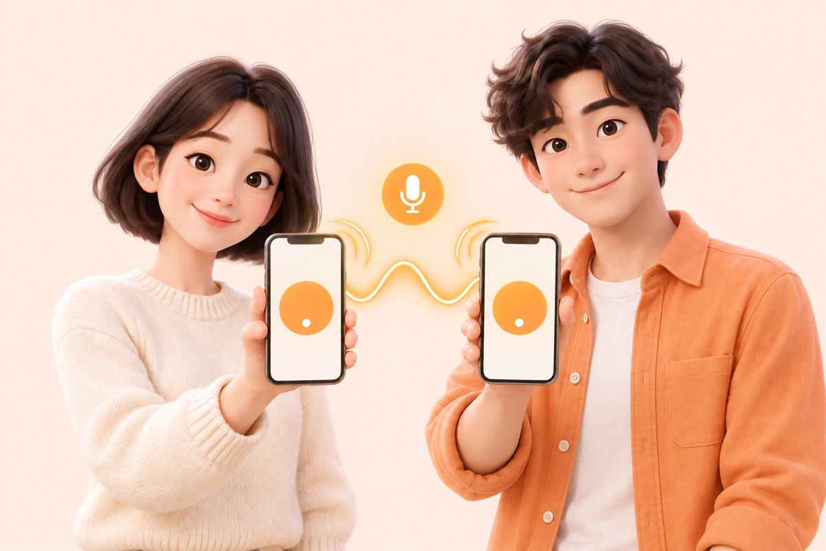 Two phones tuned together, with a sound wave and microphone between them