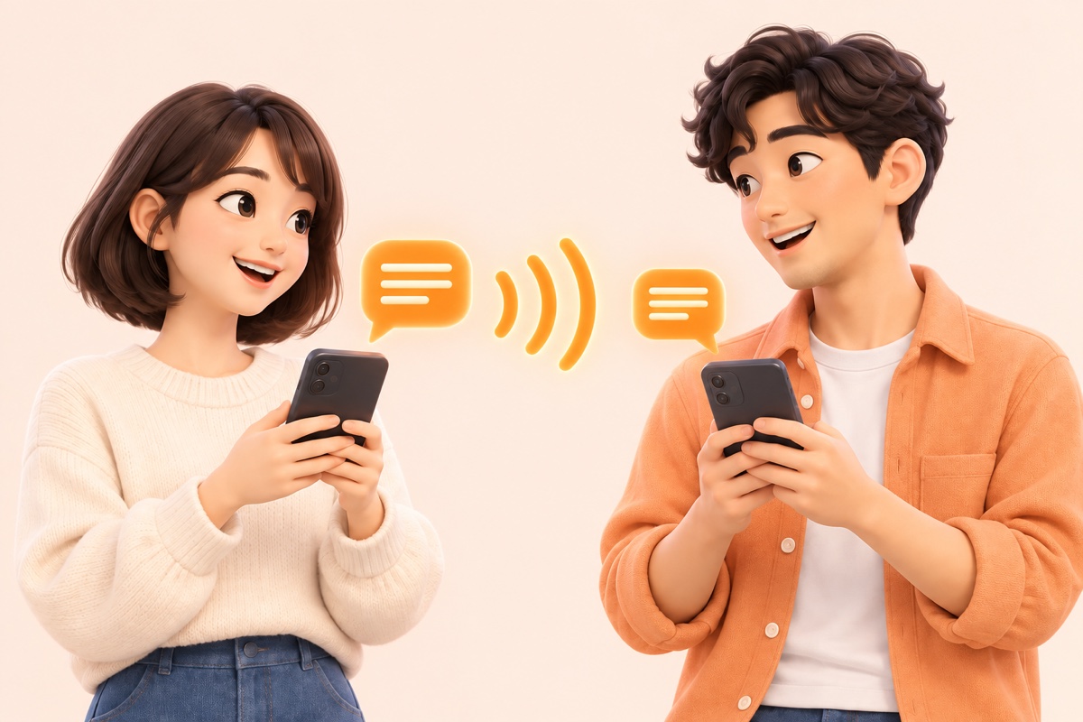 Two nearby people exchanging text through sound waves between their phones