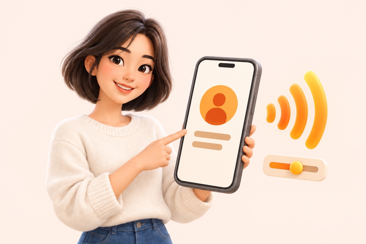 A person choosing a profile on a phone beside sound waves and a speaker volume slider
