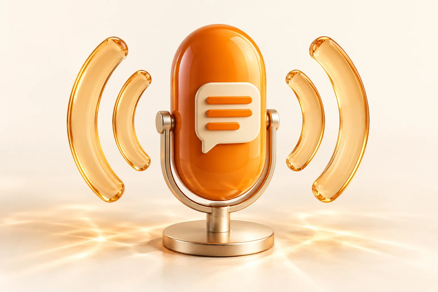 A polished orange microphone and translucent sound-wave sculptures